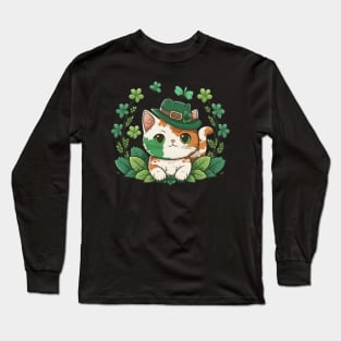 Kawaii Cat Leprechaun Funny Cat Lover Shamrock St Patrick's Day Long Sleeve T-Shirt